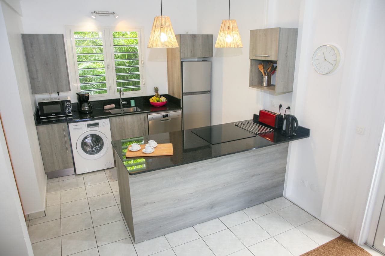 Plan de travail, plaques, four et réfrigérateur de la cuisine de la Villa Alizé