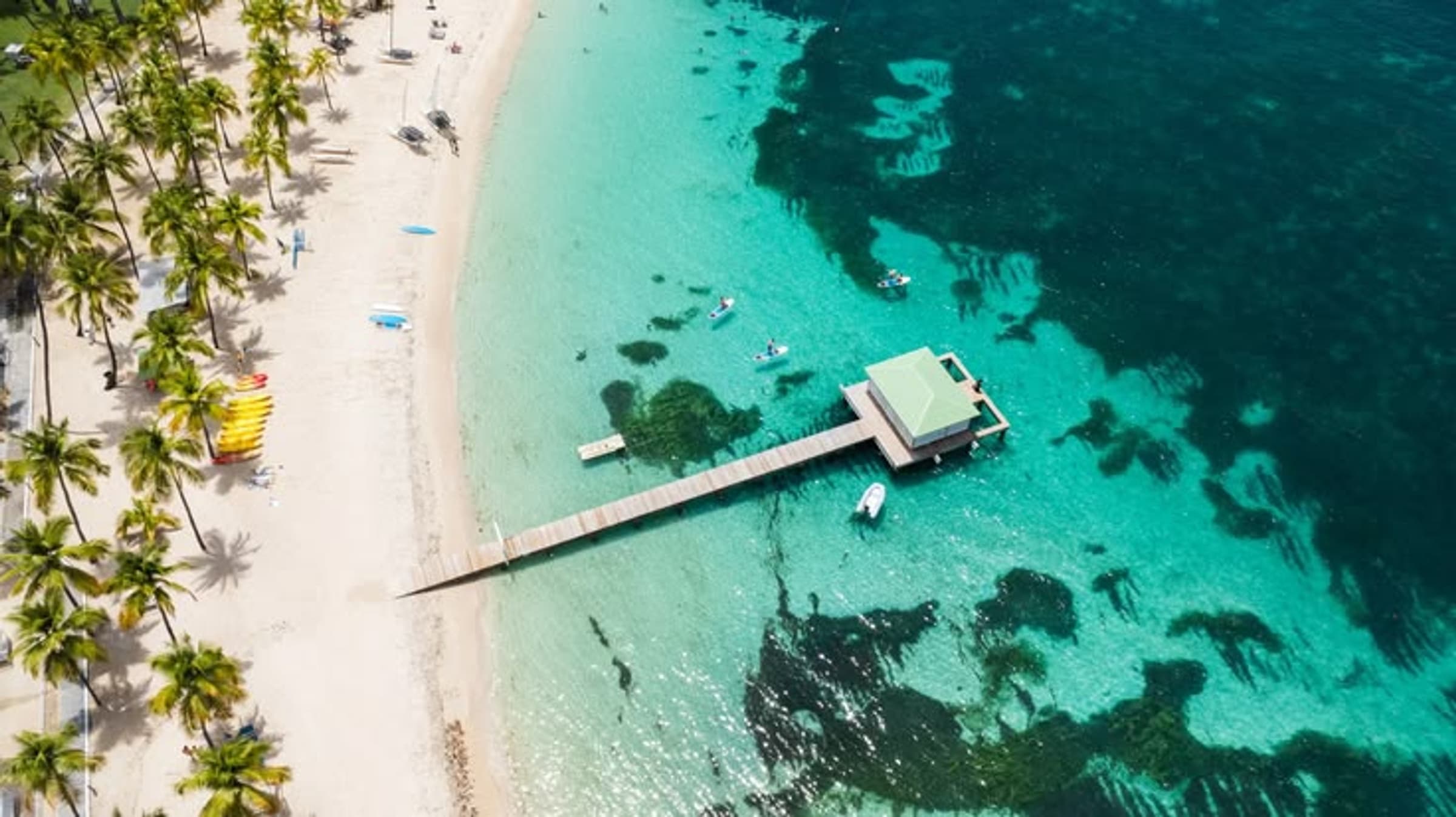 Plage bordée de cocotiers et son ponton, vus du ciel, sur la côte sud de la Grande-Terre